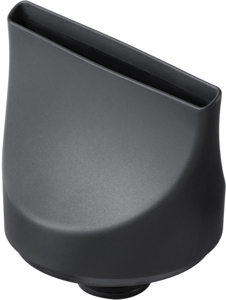 Un accessorio nero angolato per asciugacapelli, design liscio e curvo.