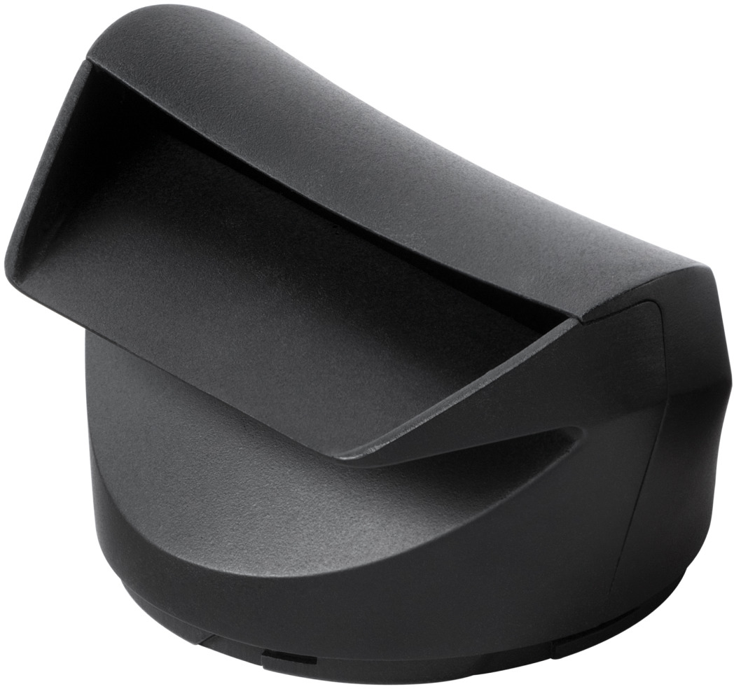 Paraluce per obiettivo fotocamera in plastica nera, forma curva, con base piatta.