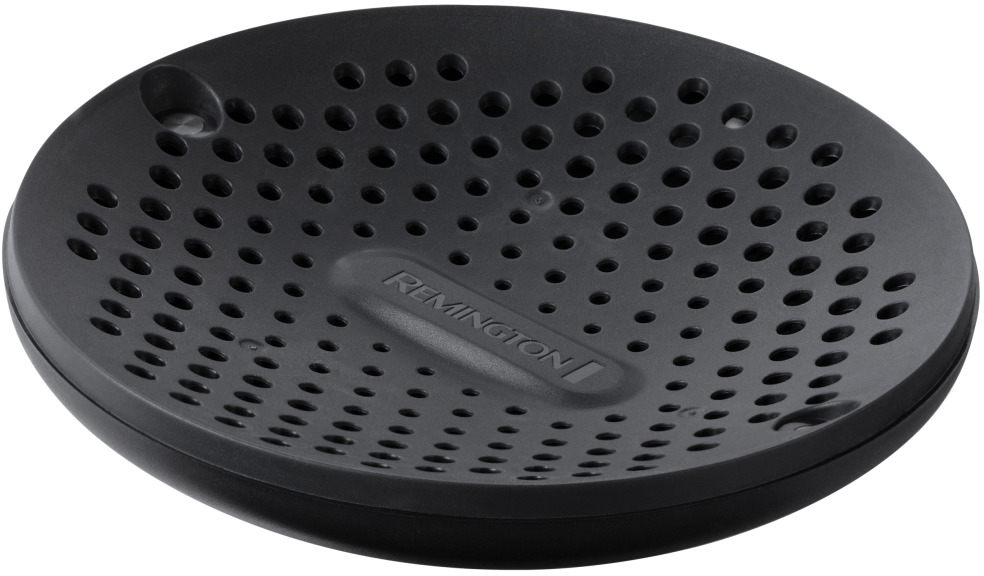 Accessorio nero e rotondo per asciugacapelli Remington con numerosi fori. Sfondo scuro.