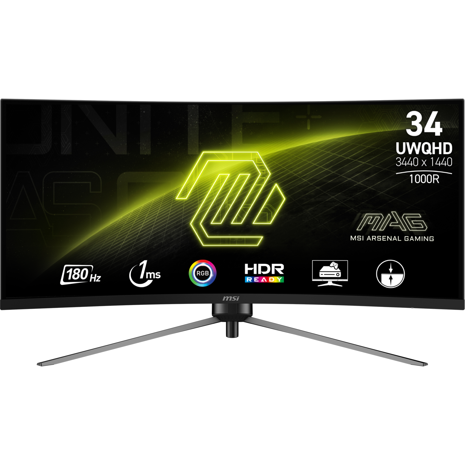 Un moniteur MSI incurvé avec un cadre noir. L'écran affiche un logo néon et d'autres graphiques.