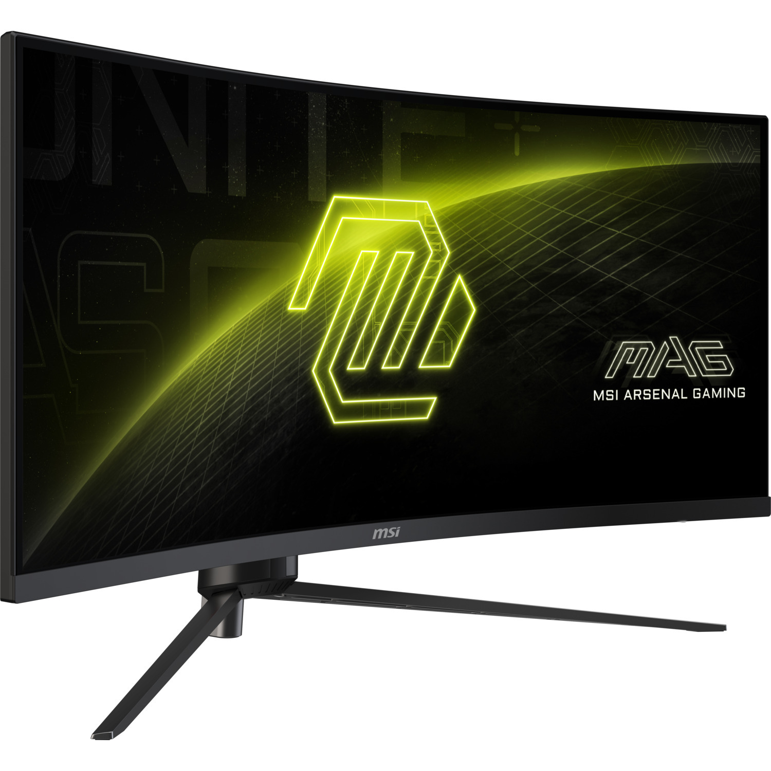 Un moniteur MSI incurvé avec un logo vert et jaune. L'écran affiche un graphique de jeu.