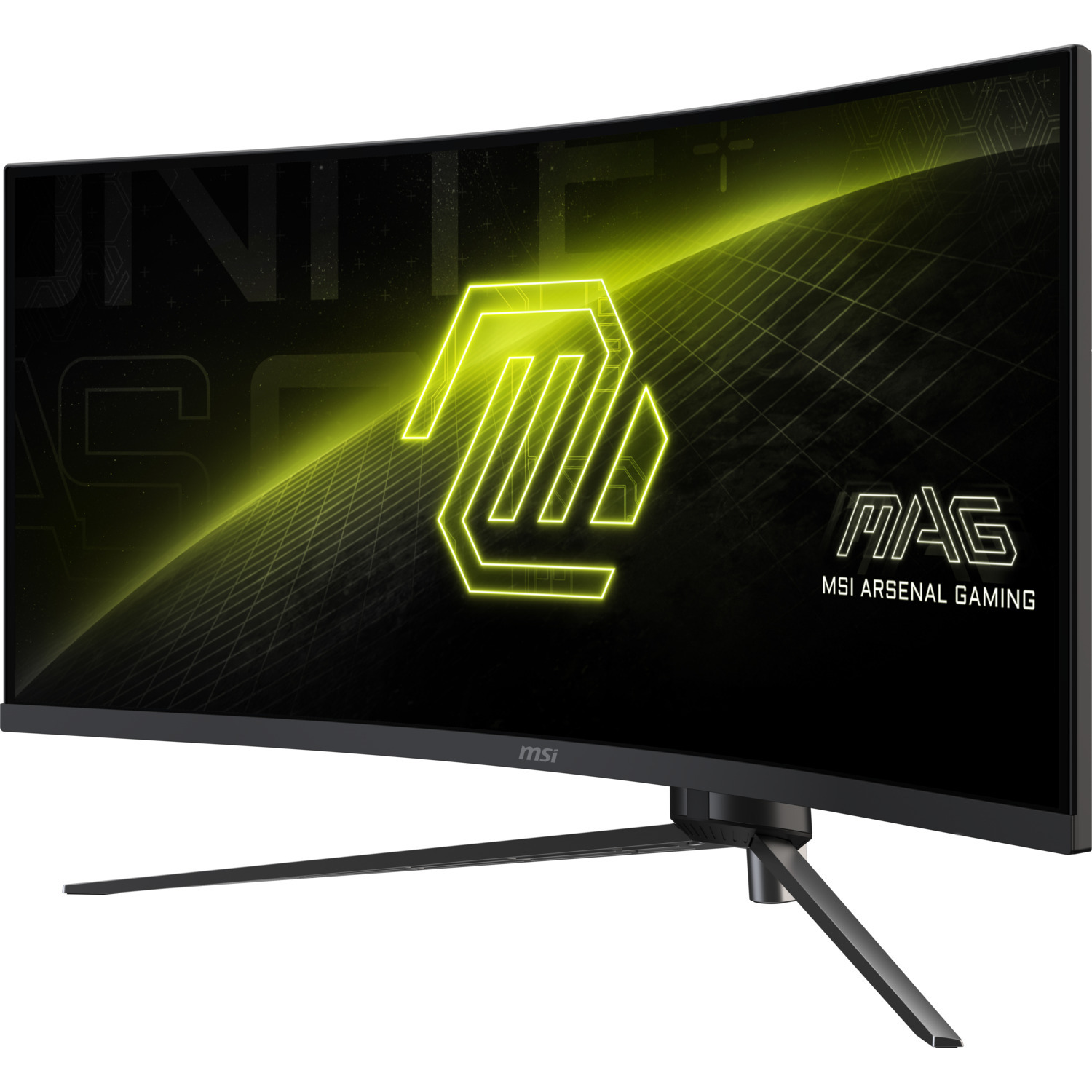Écran incurvé avec logo jaune néon sur fond noir, MSI Arsenal Gaming.