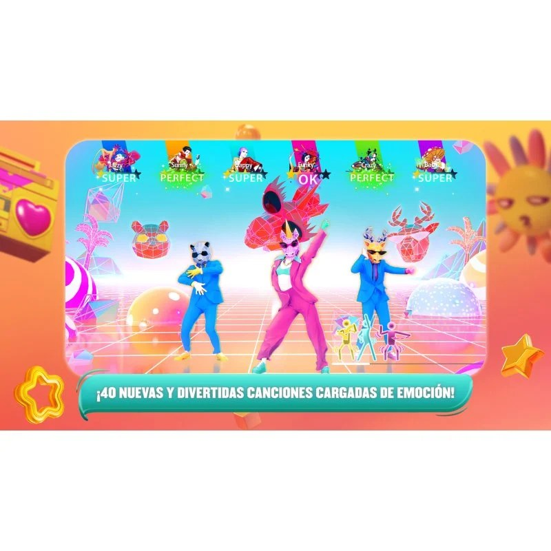 Pantalla de juego con figuras bailando en trajes coloridos, texto en español.