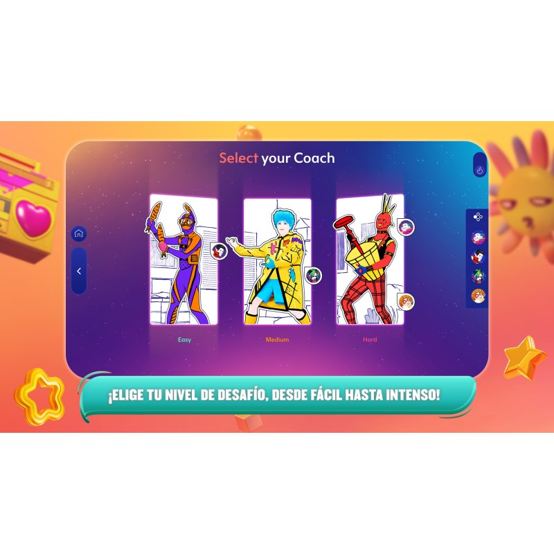 Interfaz del juego Just Dance con selección de bailarines de fácil a difícil.