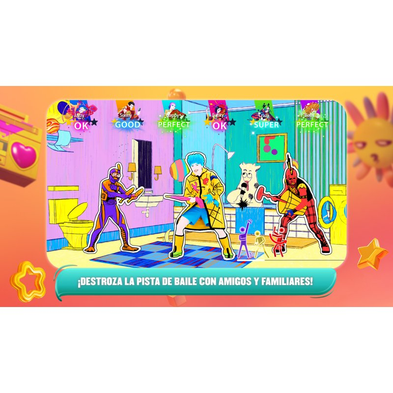 Pantalla del juego Just Dance. Personajes de dibujos animados bailando, varios fondos. Texto: ¡DESTROZA LA PISTA DE BAILE CON AMIGOS Y FAMILIARES!