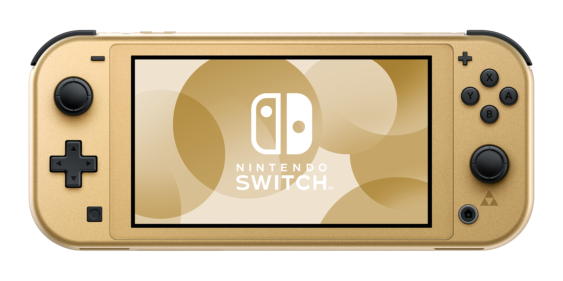 Una consola Nintendo Switch Lite dorada, mostrando la pantalla con el logo de Nintendo Switch y fondo dorado.