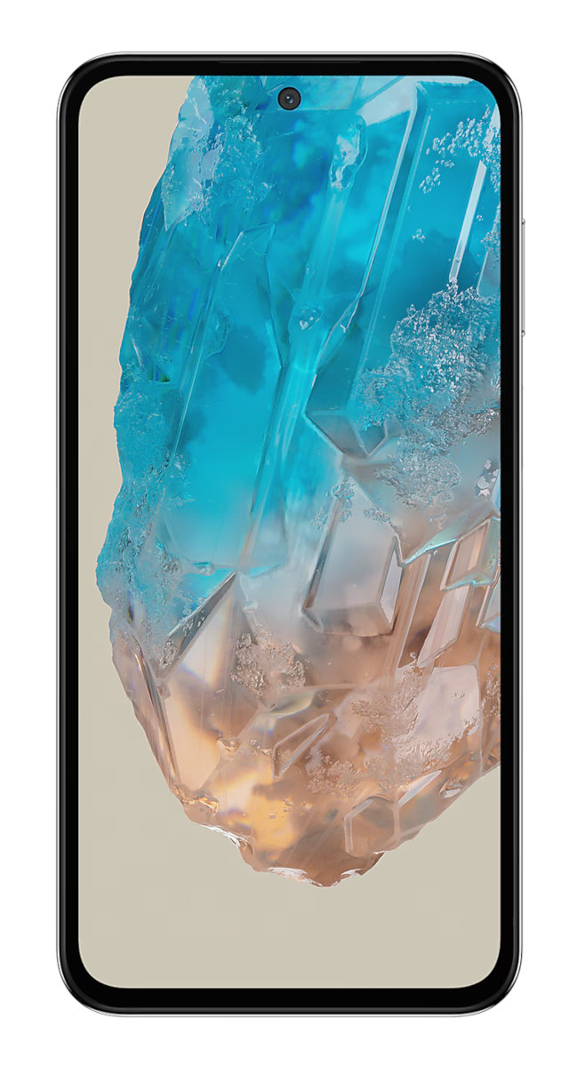 Smartfon wyświetlający zbliżenie kryształu na jasnym tle.