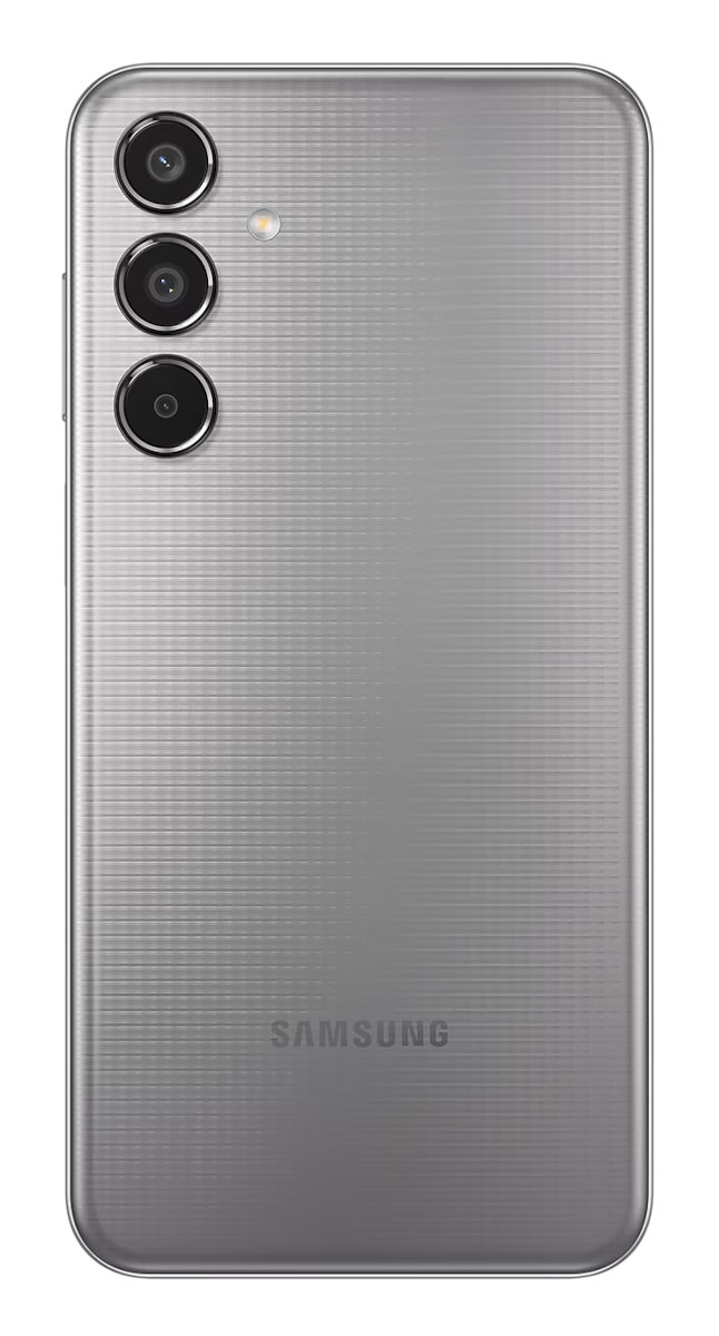Szary tył telefonu Samsung z 3 aparatami. Logo SAMSUNG na dole.