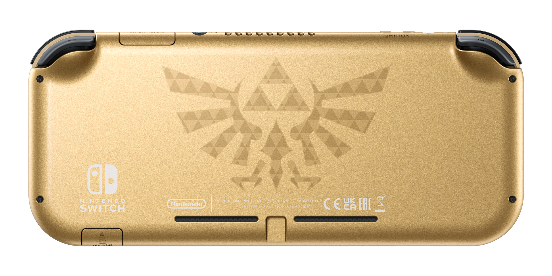 Nintendo Switch Lite dorado con emblema de Zelda. Vista trasera con botones y puertos visibles.