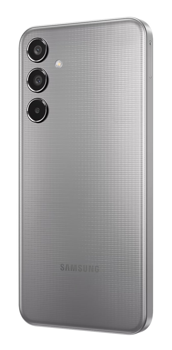 Srebrny tył smartfona. Trzy kamery i logo Samsung. Elegancki design z teksturowanym wykończeniem.