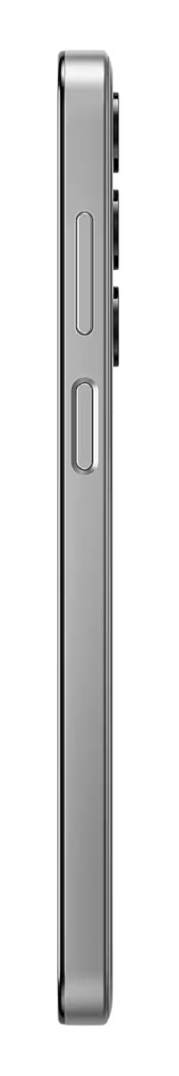 Srebrny smartfon, widok z boku, pokazujący przyciski i obiektywy aparatu.