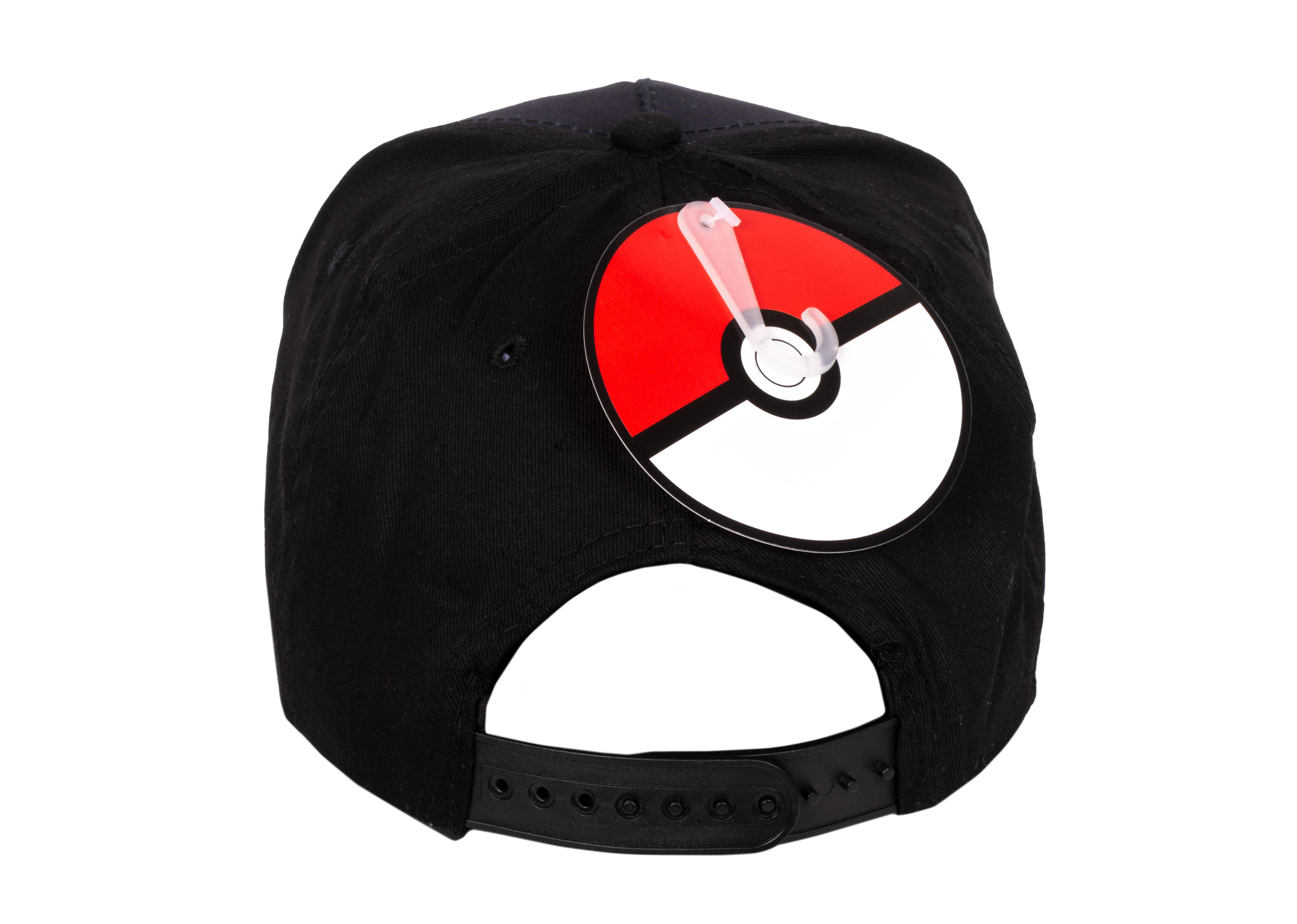 Schwarze Baseballkappe mit Pokemon-Etikett, Bild eines weißen und roten Pokeballs.