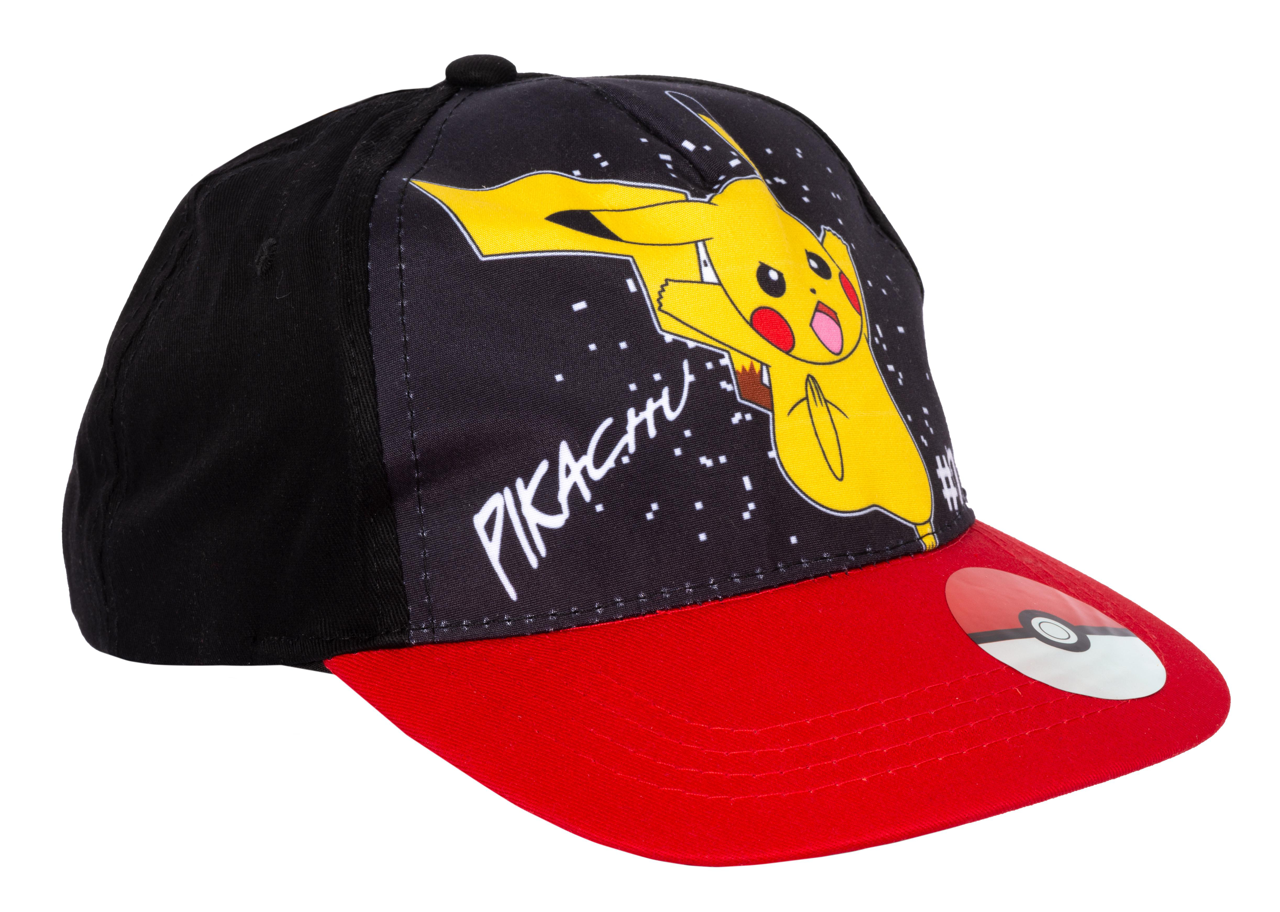 Ein Pikachu-Hut mit rotem Schirm und schwarzer Oberseite mit Pikachu-Grafik.