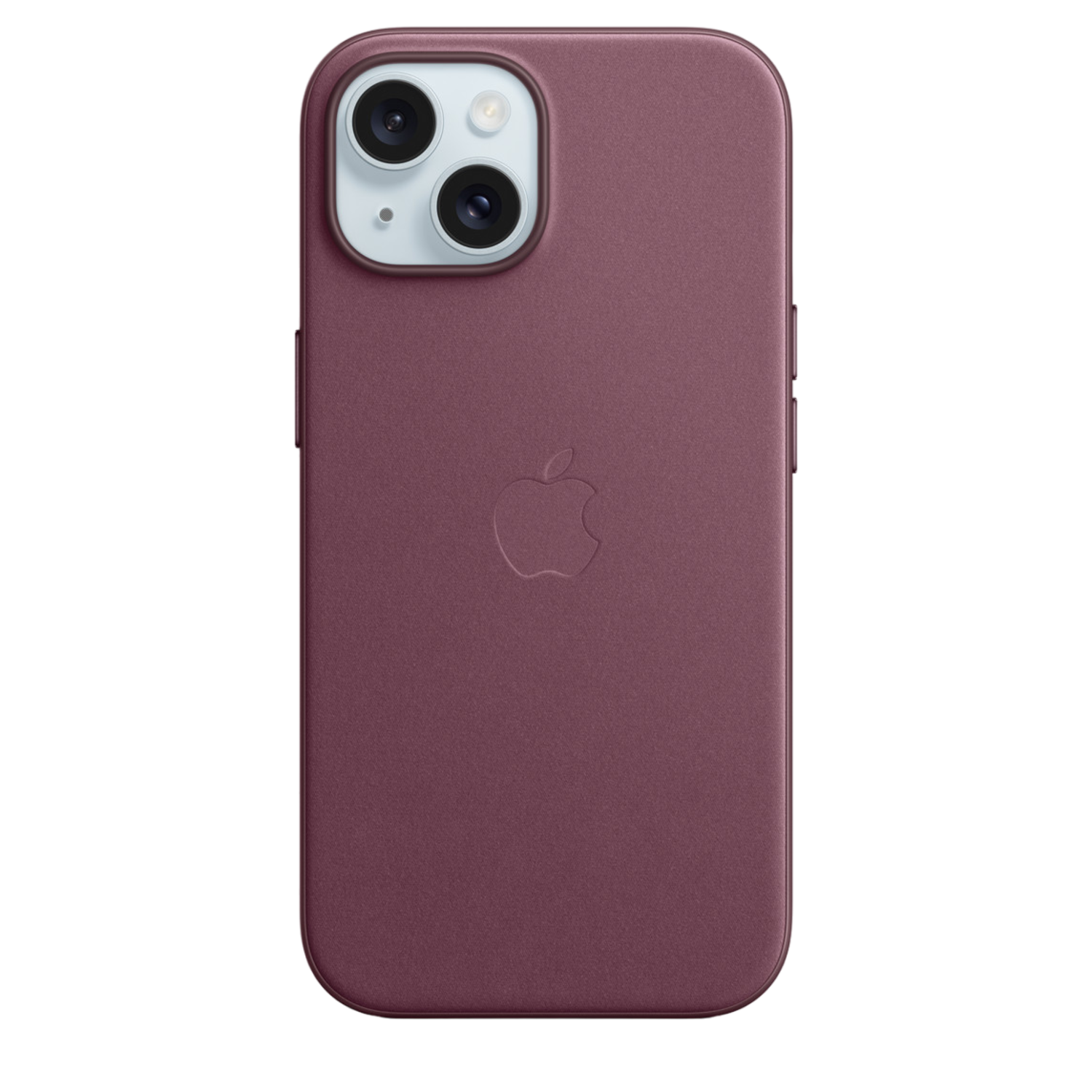 Een strak, merkgebonden iPhone-hoesje in de kleur bordeauxrood met twee cameralenzen.