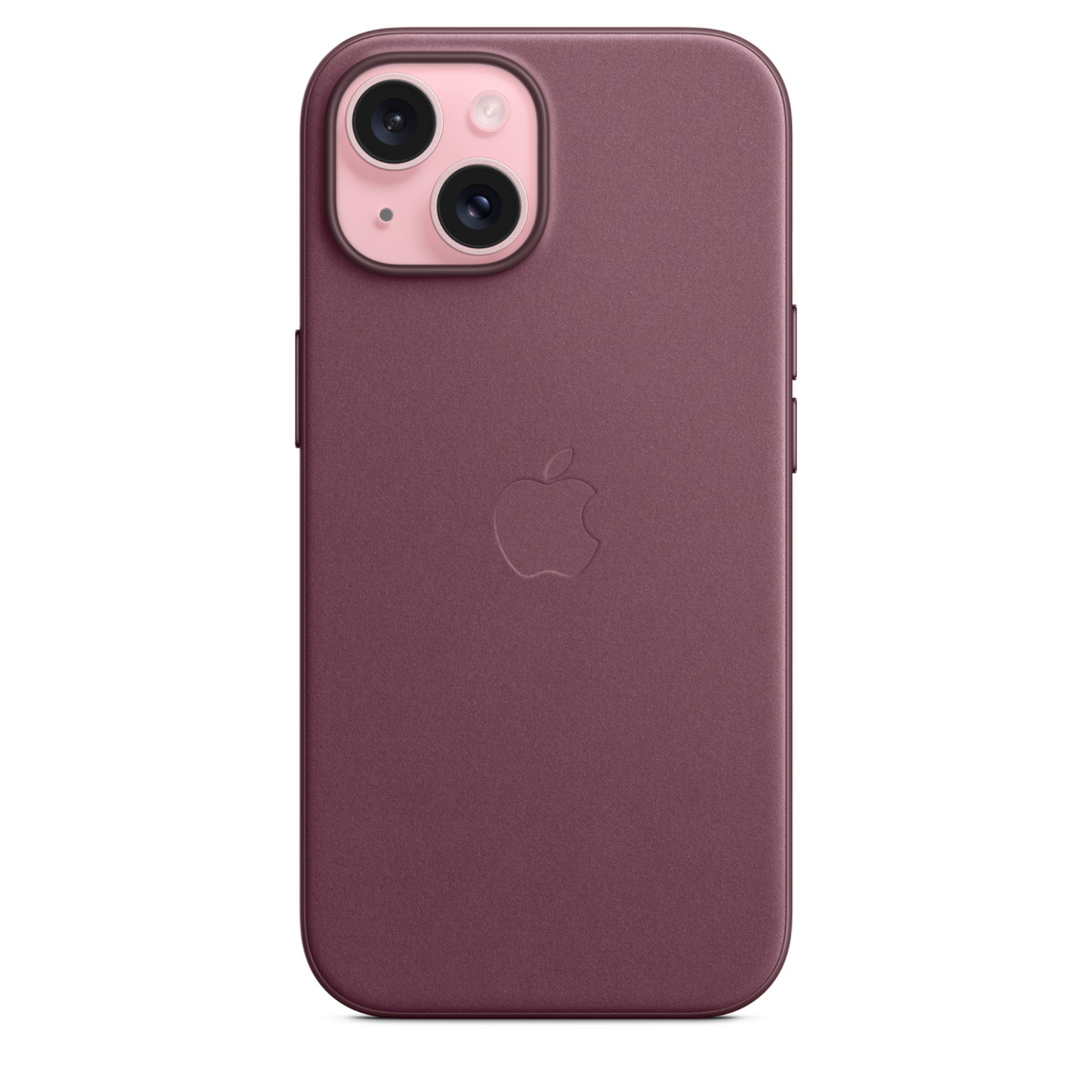 Paarse iPhone hoes met Apple logo en dubbele camera.