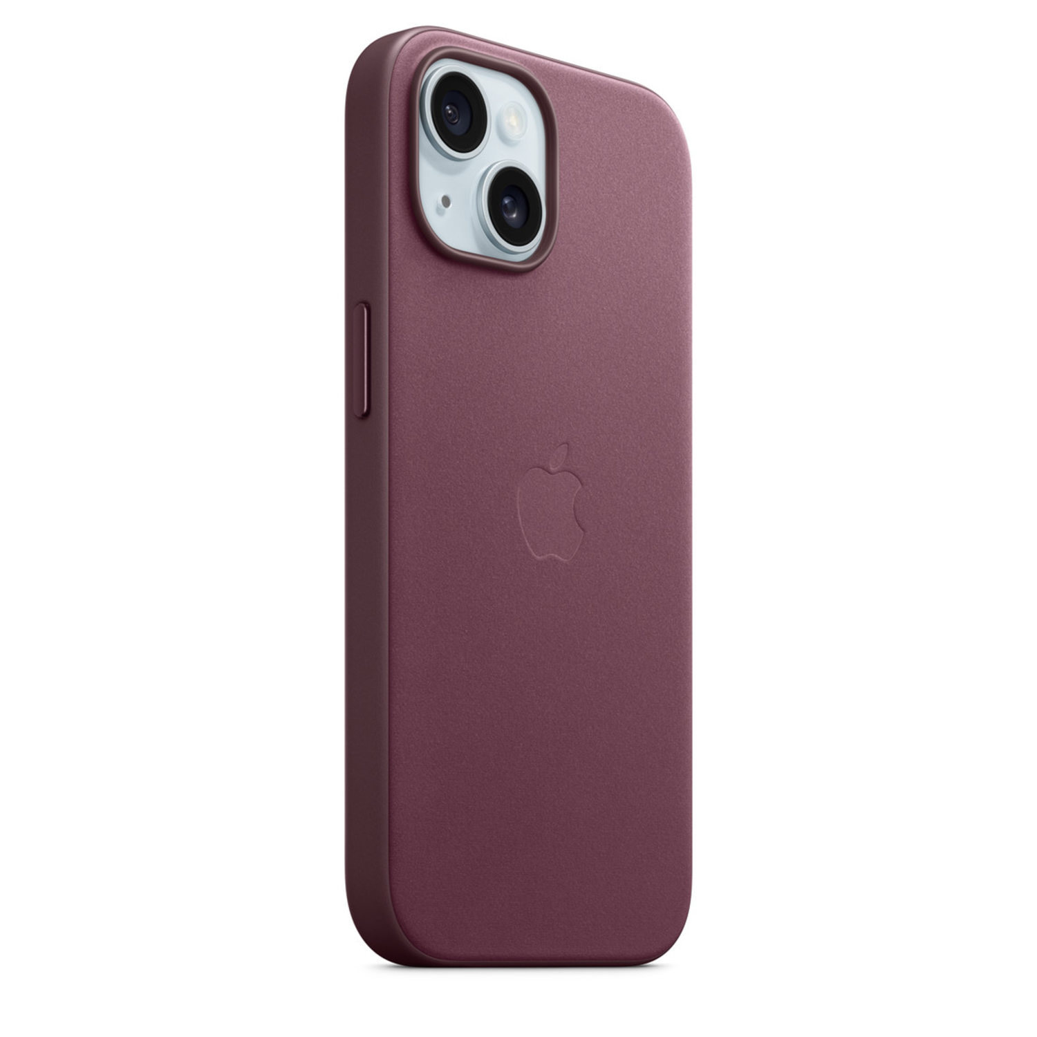 Rode iPhone hoes met Apple logo op witte achtergrond.