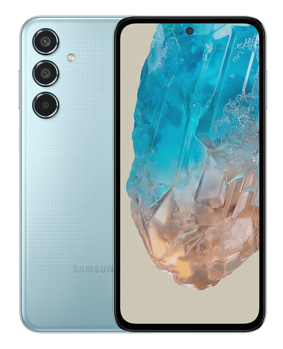 Jasnoniebieski smartfon z trzema tylnymi aparatami i wyświetlaczem z cyfrowym wzorem.