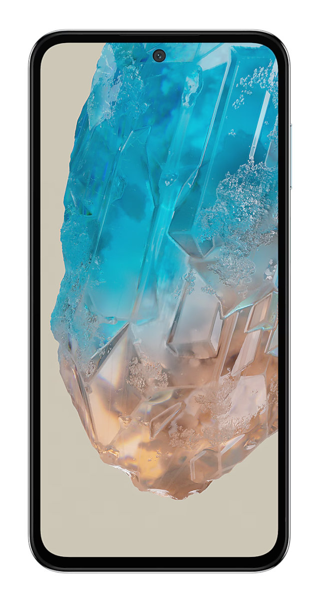 Smartfon z jasnoniebieskim tyłem, wyświetlający abstrakcyjny niebiesko-brązowy wzór na ekranie.