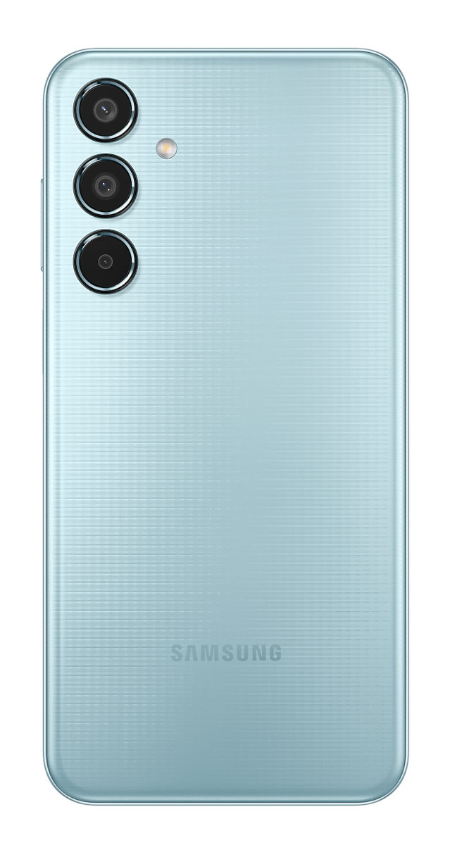 Jasnoniebieski tył telefonu z trzema aparatami. Logo Samsung. Pionowe linie.