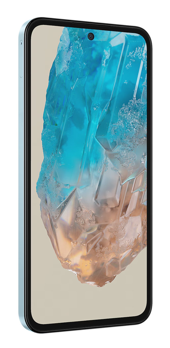 Jasnoniebieski telefon z dużym, niebiesko-białym kryształowym obrazem na ekranie.