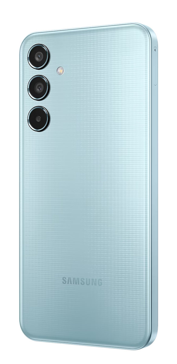 Jasnoniebieski telefon Samsung. Z tyłu widoczne trzy kamery.