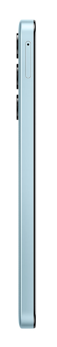 Widok z boku jasnoniebieskiego smartfona. Bok ma przyciski i funkcje aparatu.