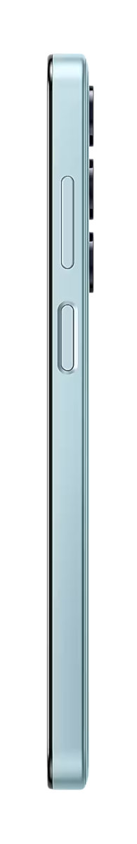 Widok z boku jasnoniebieskiego smartfona z przyciskami. Z tyłu widoczne są trzy aparaty.