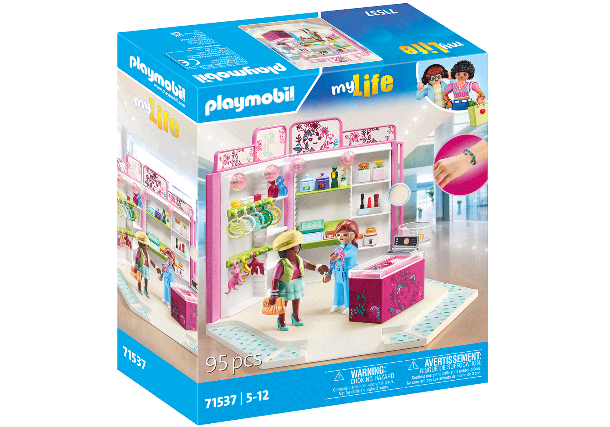 Playmobil My Life Spielset. Ladenfront-Szene mit Figuren, Auslagen, Kasse und Produktboxen.