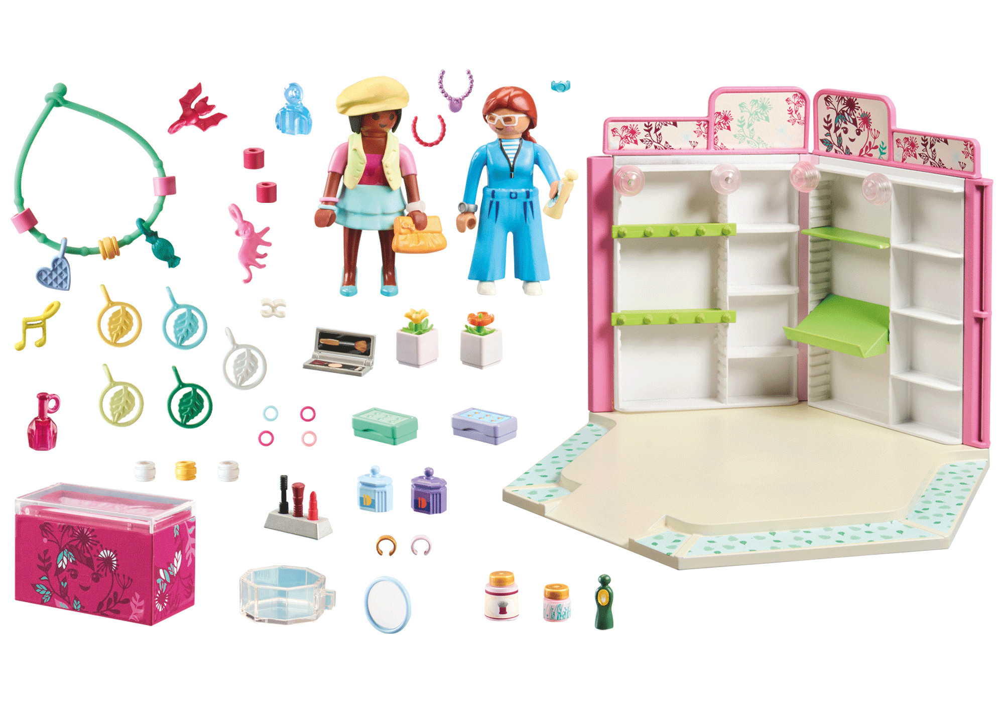 Playmobil-Spielzeugset: zwei Figuren, Zubehör und ein Ladendisplay mit Regalen.