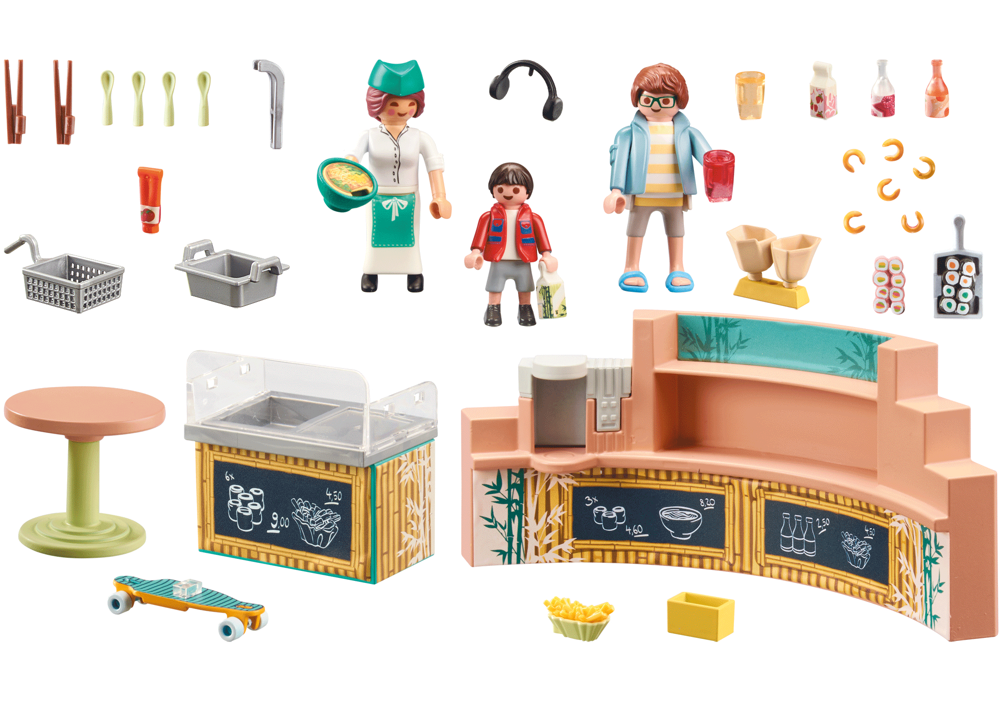 Playmobil Sushi-Restaurant-Szene mit Figuren, Essen und Theke mit Menüschildern.