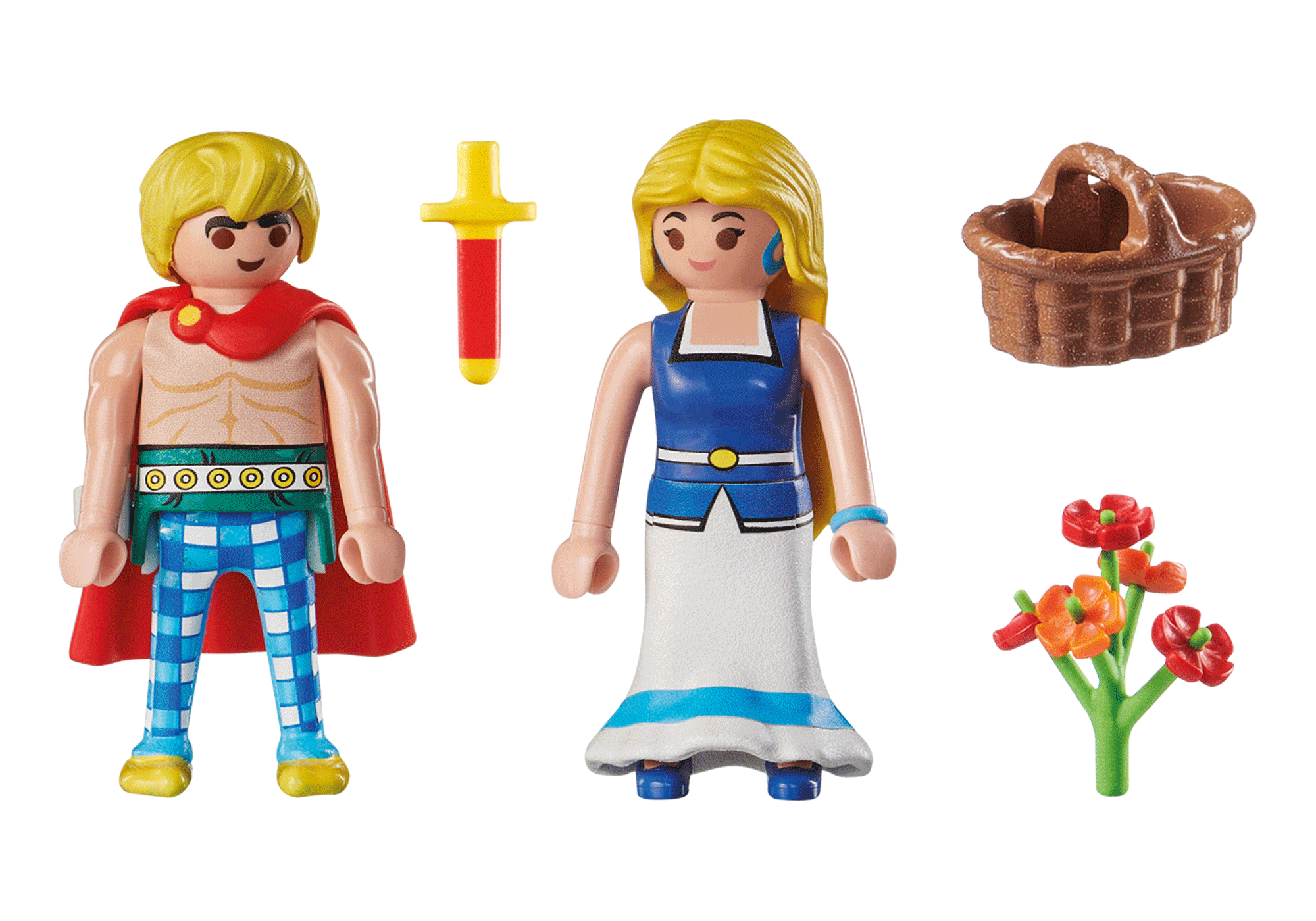 Playmobil-Figuren: Mann und Frau, Schwert, Korb und Blumen. Weißer Hintergrund.