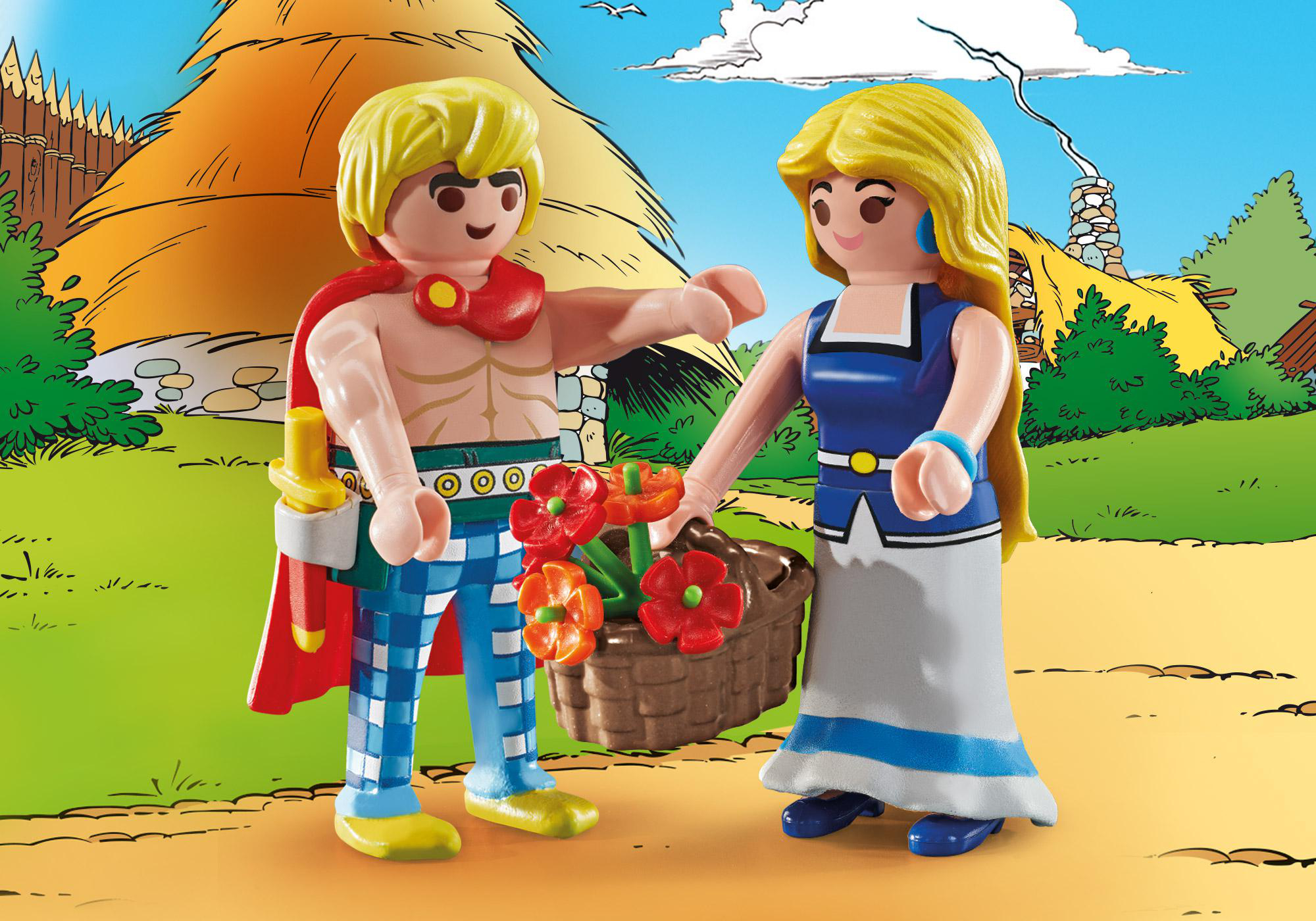Playmobil-Figuren, ein Mann mit rotem Umhang und eine Frau, die Blumen anbietet. Hintergrund ist ein Dorf.