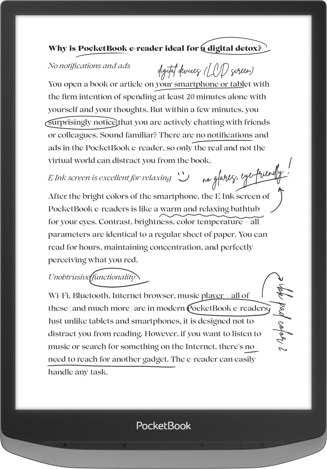 PocketBook E-Reader mit hervorgehobenem Text und Anmerkungen auf weißem Hintergrund.