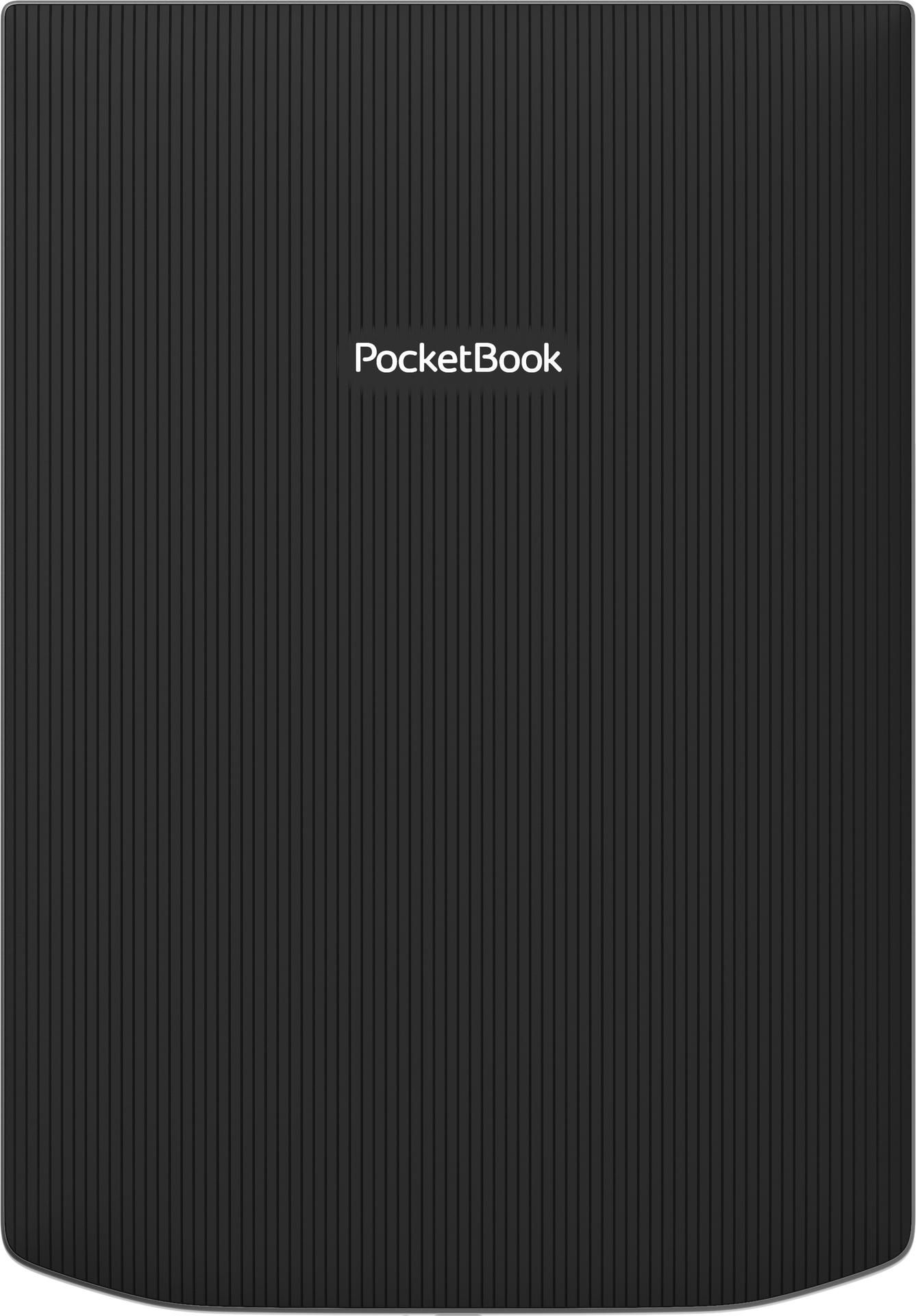 Schwarzer PocketBook E-Reader mit vertikalen Linien und PocketBook-Logo.
