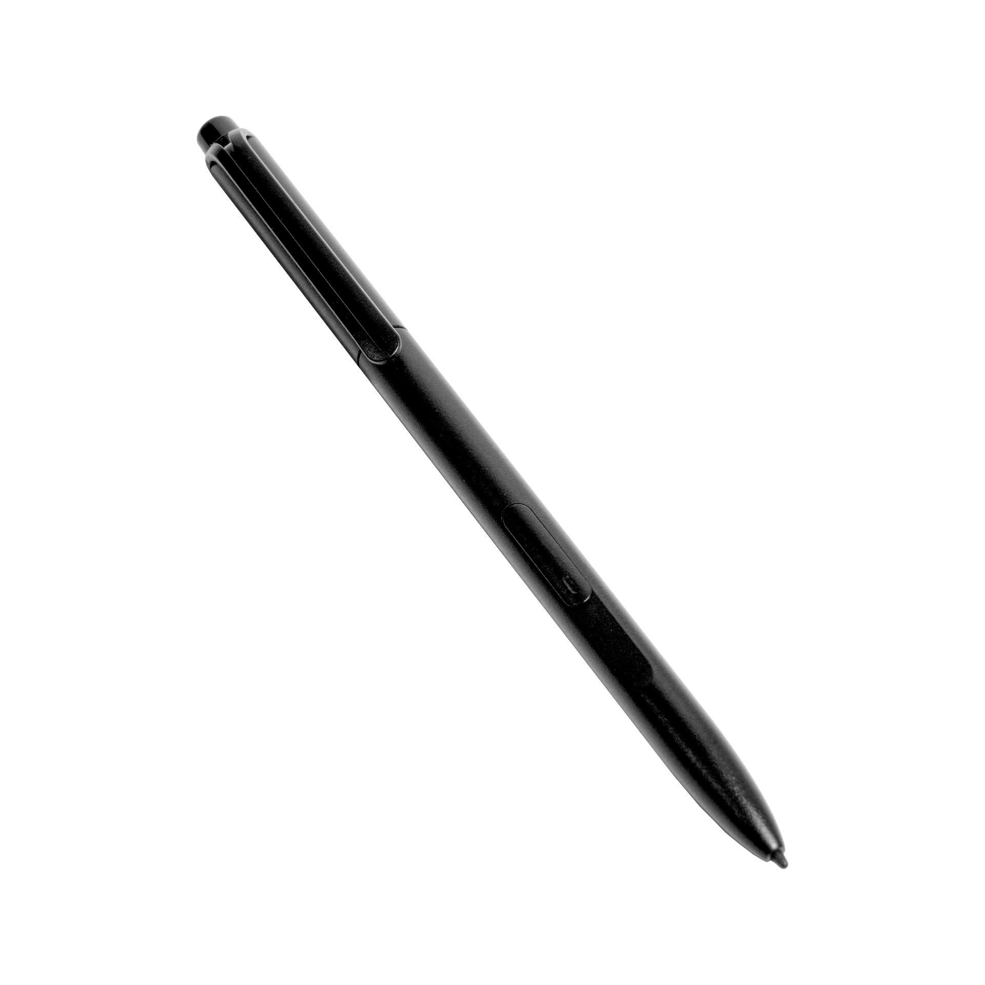 Ein schwarzer Stift auf weißem Hintergrund. Der Stift befindet sich in diagonaler Position.