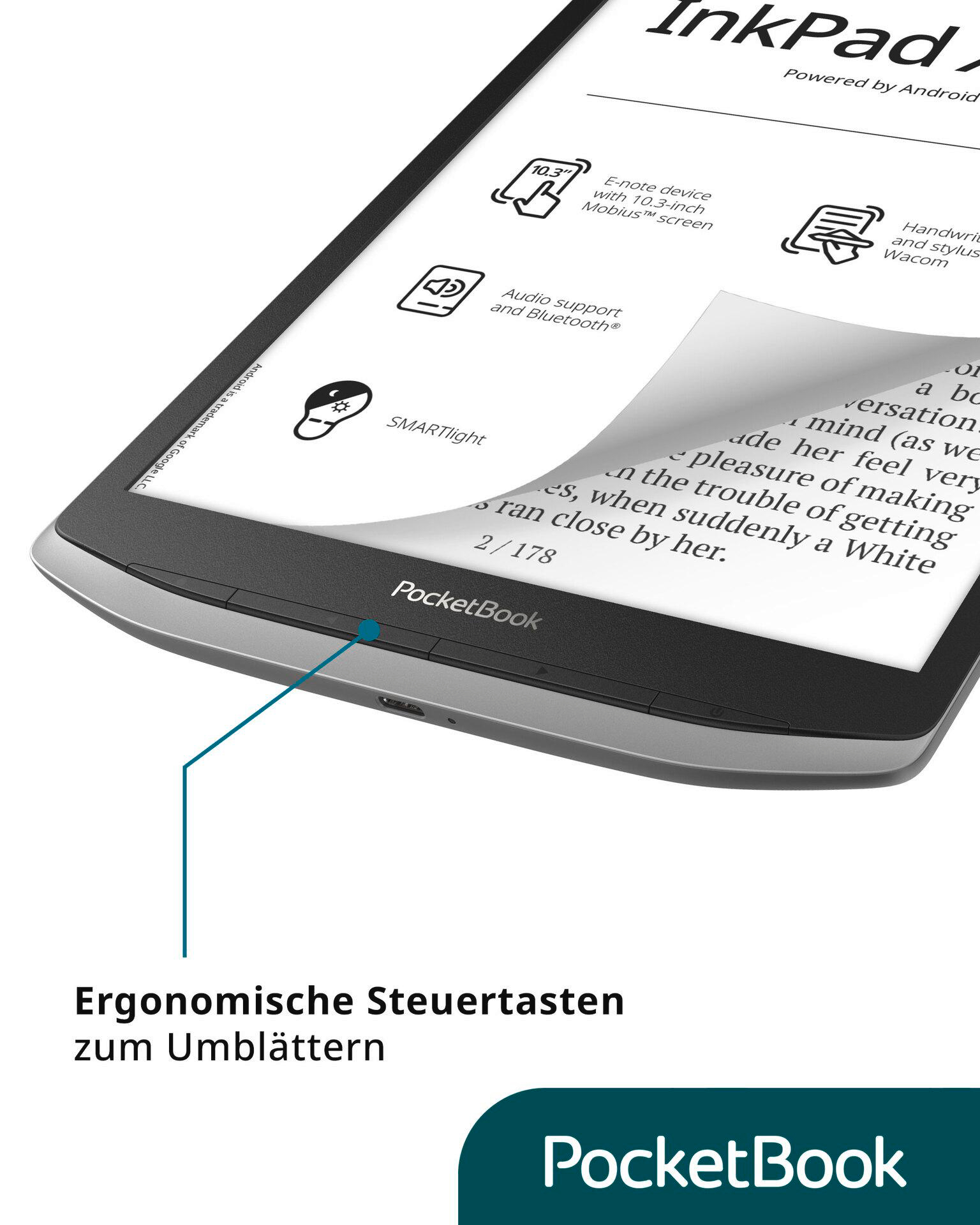 Nahaufnahme eines schwarz-silbernen E-Readers mit umgeblätterter Seite und Bildschirmtext.