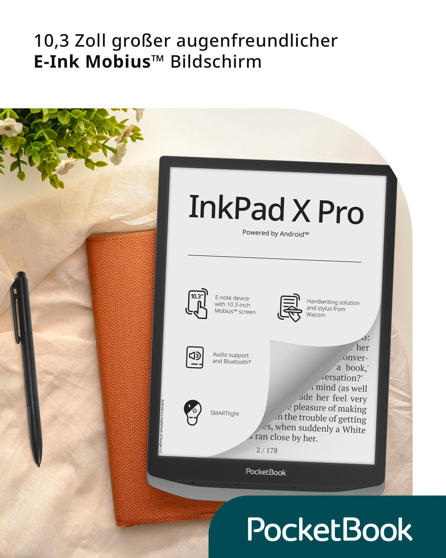 PocketBook InkPad X Pro E-Reader mit Stift und Hülle.
