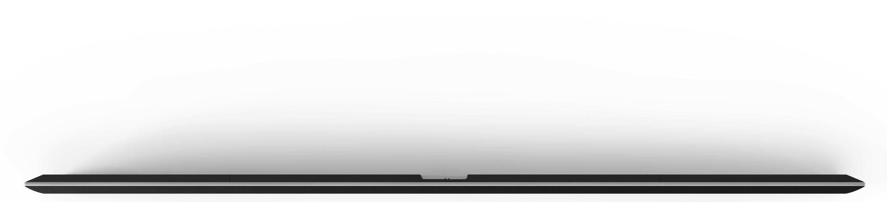 Dünnes, schwarzes Tablet von der Seite, zeigt die silberne Kante und einen Knopf.