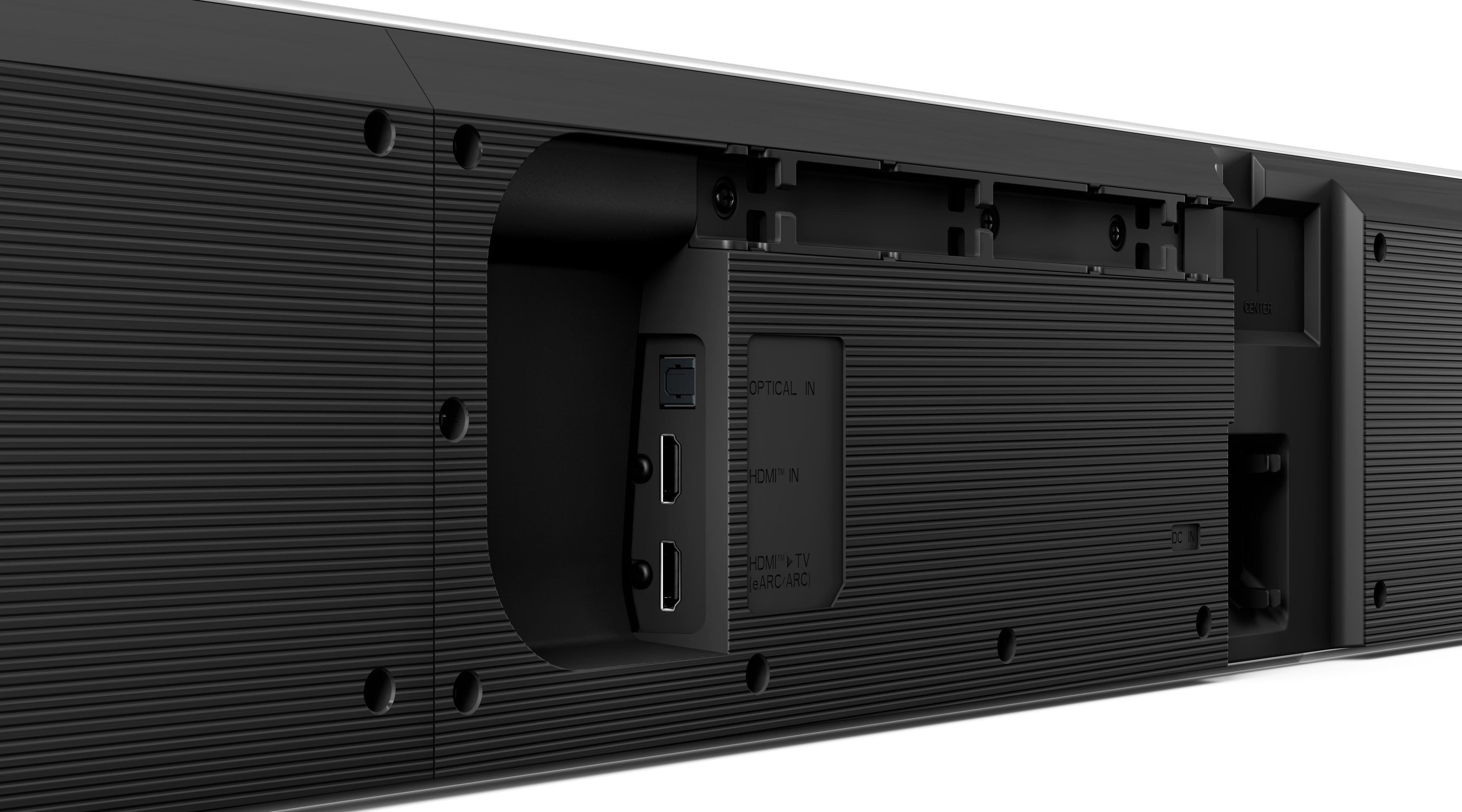 Rückseite einer Soundbar. Schwarz, mit Anschlüssen für optisch, HDMI und HDMI TV. Weißer Hintergrund.