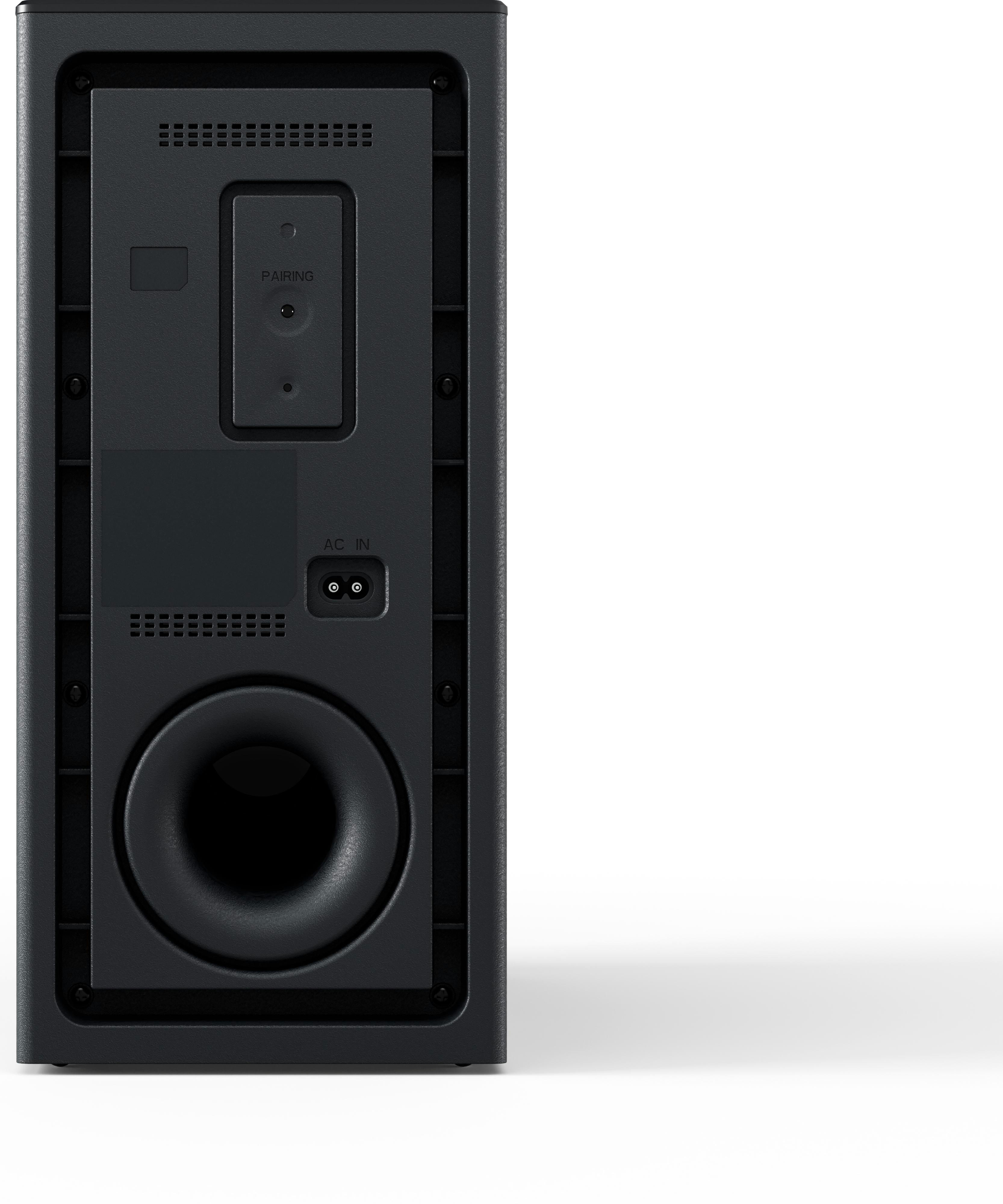 Rückansicht einer schwarzen Soundbar-Basis mit Subwoofer und Anschlüssen.
