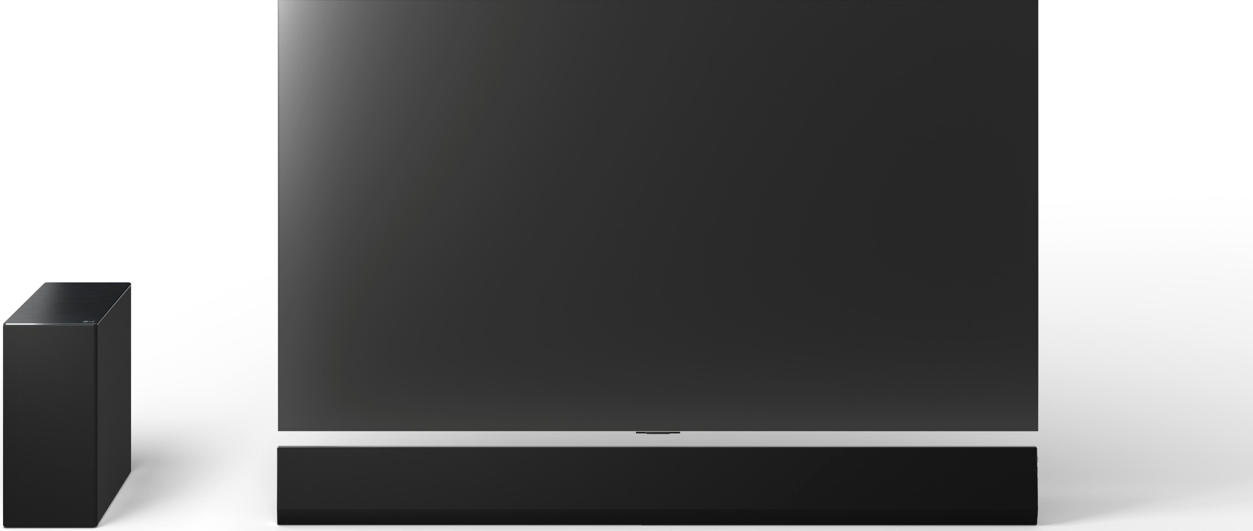 Schwarzer Fernseher, Soundbar und Subwoofer auf weißem Hintergrund. Der Fernseher ist zentriert, die Soundbar darunter.