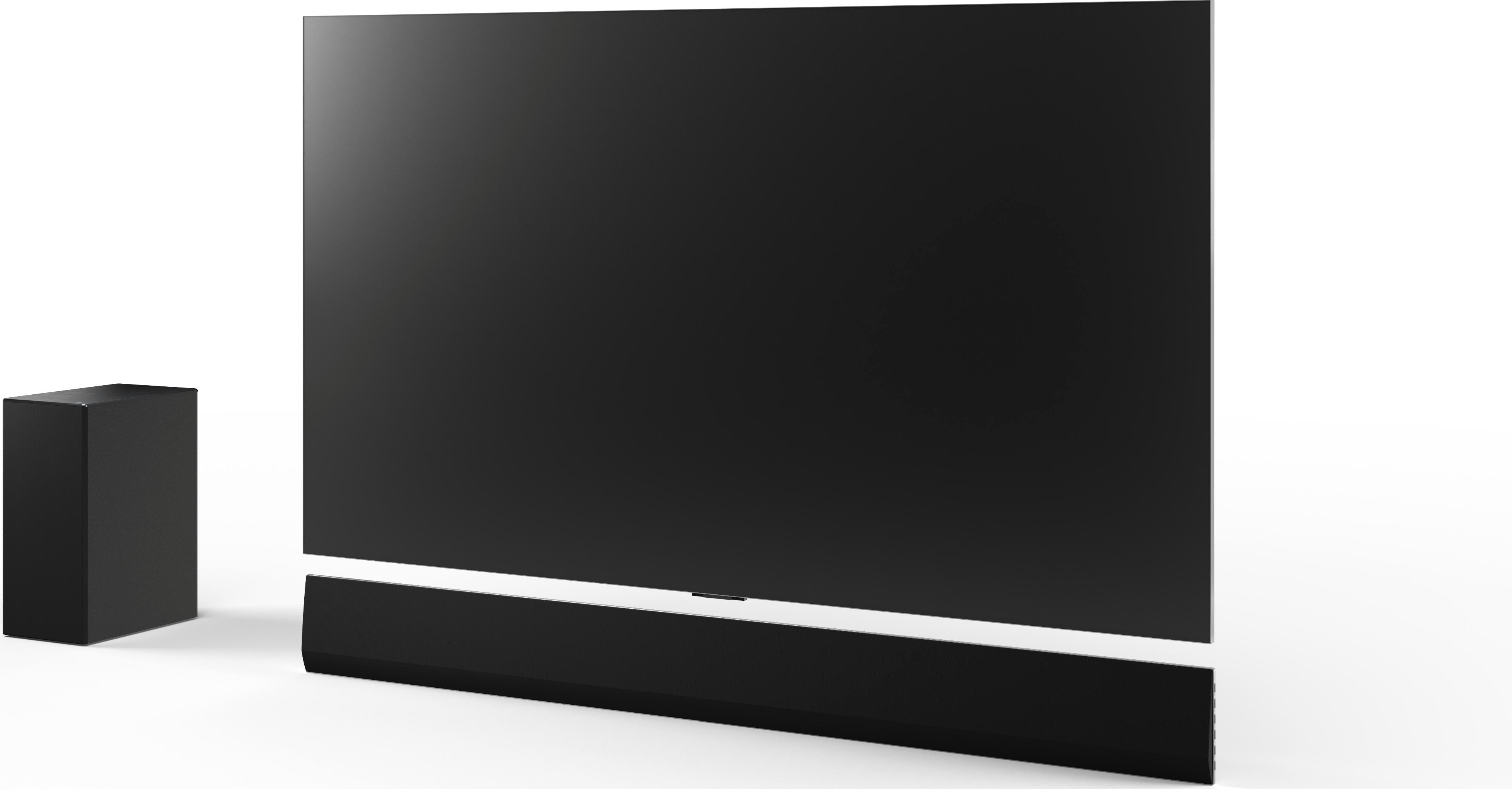 Schwarzer Fernseher mit Soundbar und schwarzem Subwoofer auf weißem Hintergrund.