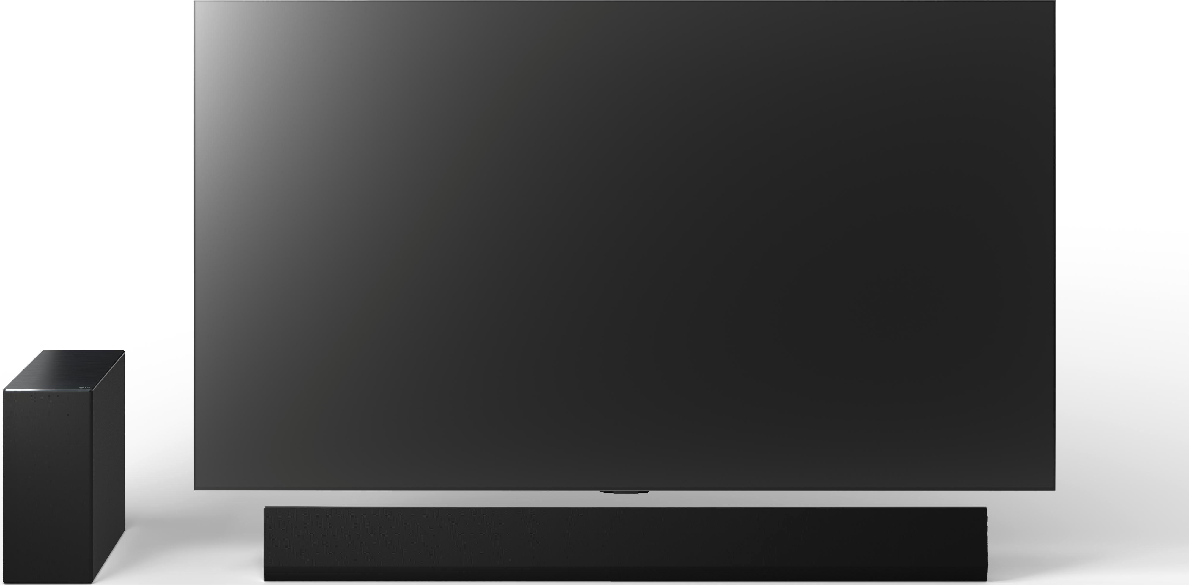 LG-Fernseher, schwarz, mit Soundbar und Subwoofer auf weißem Hintergrund.