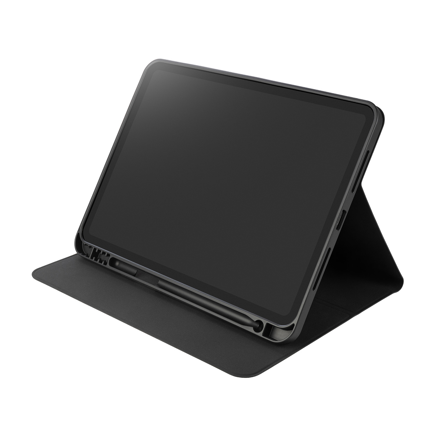 Un tablet nero in una custodia nera, con lo schermo angolato.