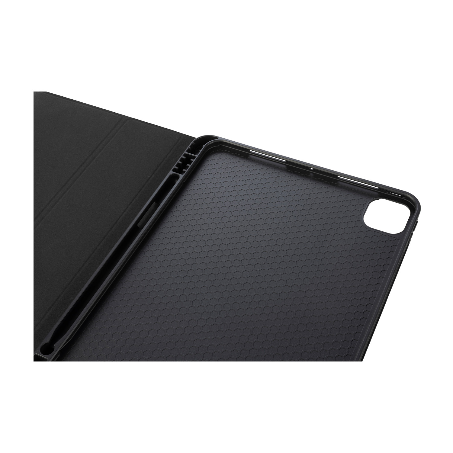Una custodia nera per tablet con interno strutturato e copertura magnetica.