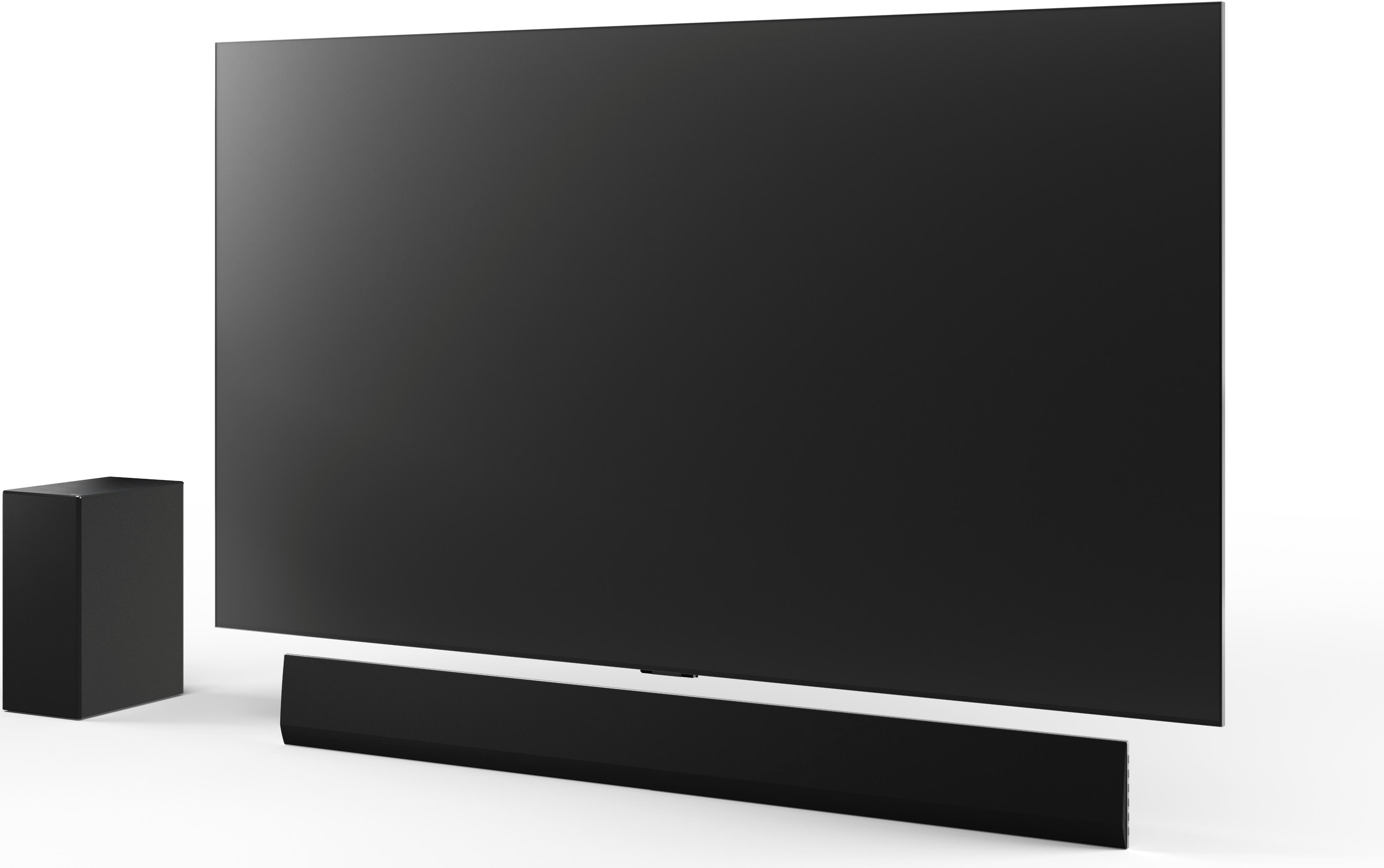Ein schwarzer Fernseher mit einer Soundbar davor und einem schwarzen Subwoofer links.
