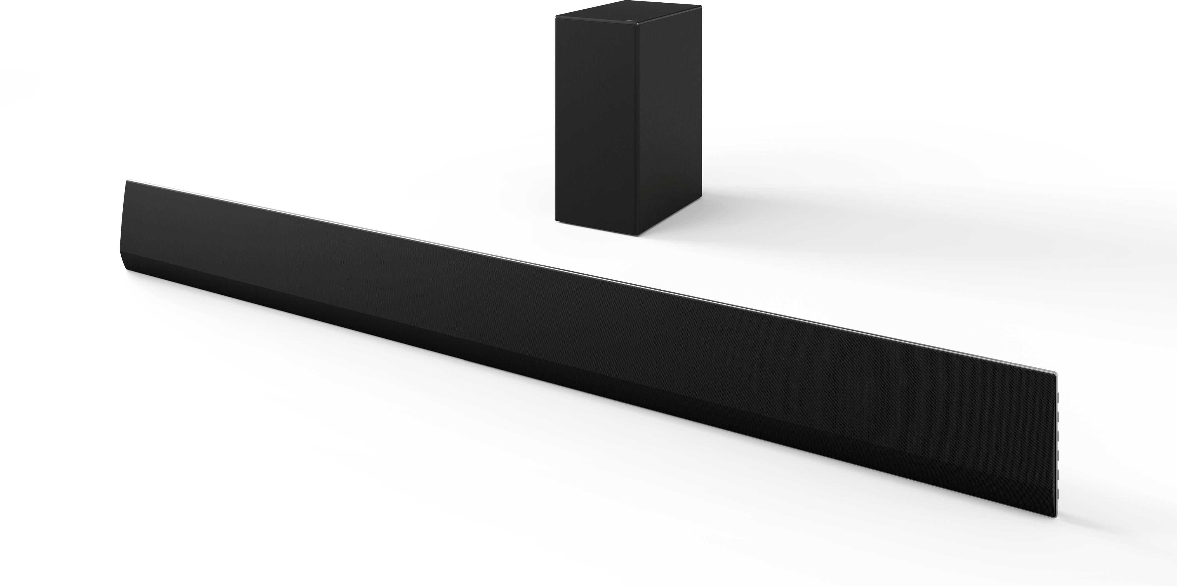 Schwarze Soundbar und Subwoofer auf weißem Hintergrund. Schlankes, minimalistisches Design.