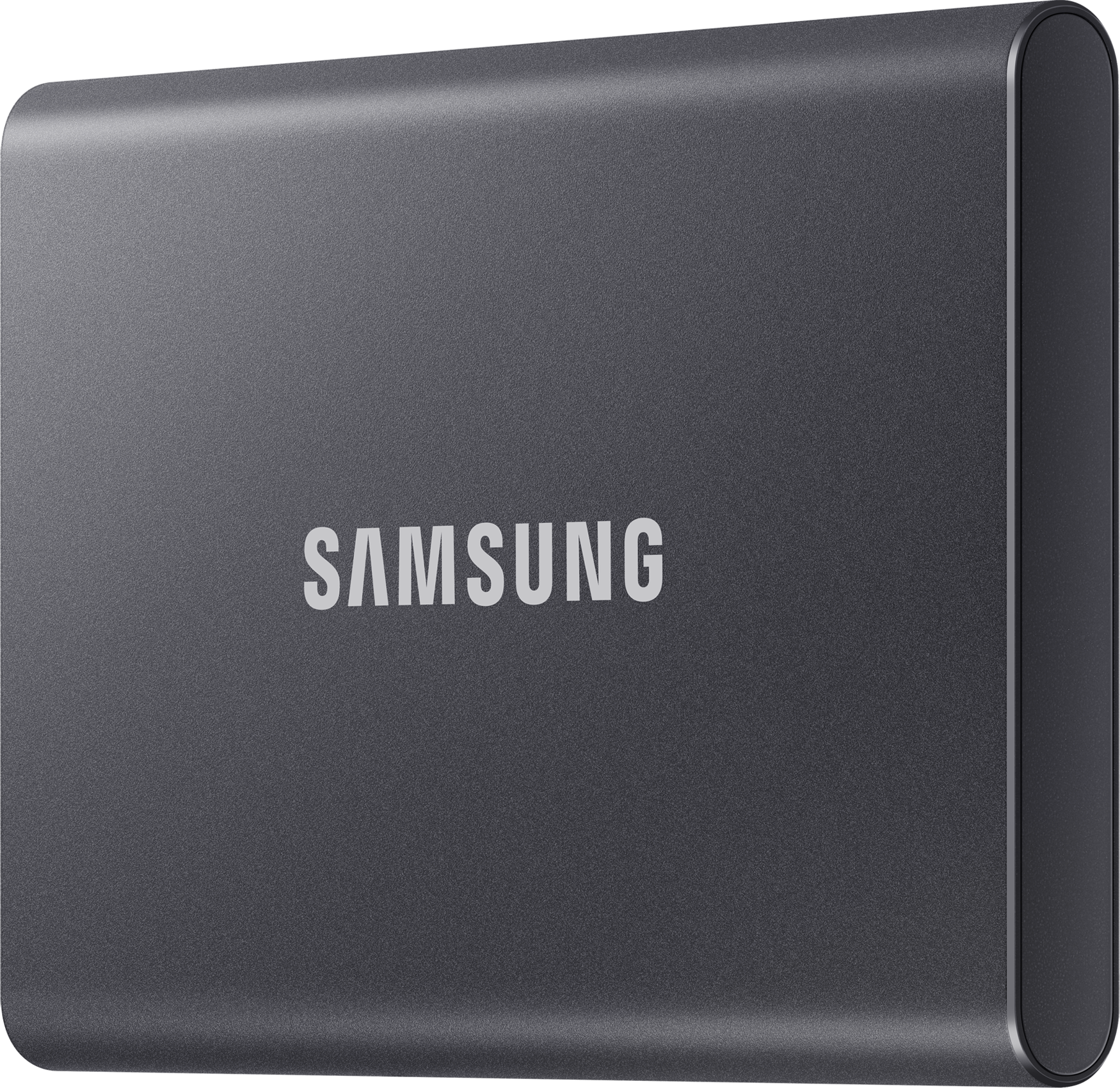 Un disque dur externe Samsung gris foncé.
