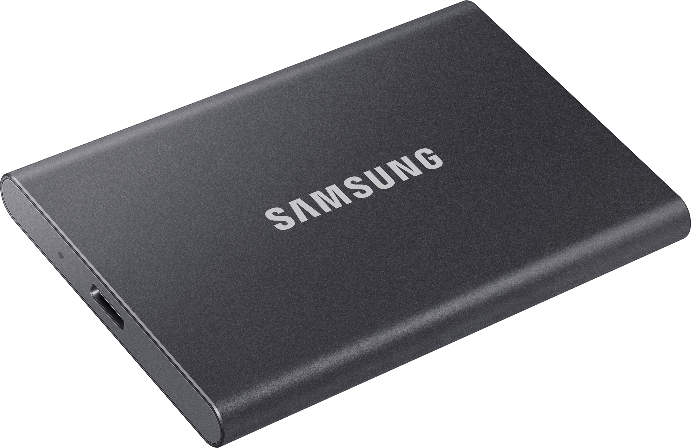 Disque dur externe Samsung noir. Le mot "SAMSUNG" est en blanc. Design élégant et rectangulaire.