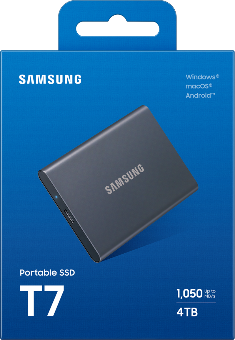 SSD portable Samsung T7 dans une boîte bleue. Il est gris, avec le logo Samsung.